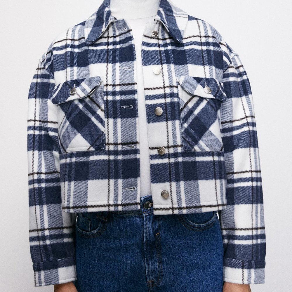 ZARA BLUE PLAID CROPPED JACKET SIZE S
